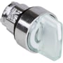 Schneider Electric ZB4BK1713 drejegreb med indbygget LED, hvid plast og krom detaljer på mørk baggrund.
