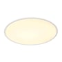 Forfra af SLV PANEL 60 round LED loftlampe i hvid med varmt, tændt lys på hvid baggrund.