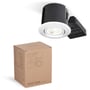 Kombinationspakke med Philips Hue indbygningsspot i mat hvid og papkasse med produktinformation fra Nordtronic Quick Spot.