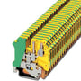 Phoenix Contact jordrækkerklemme i gul og grøn, 4mm² med skruetilslutning og 3 tilslutninger på en DIN-skinne.