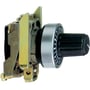 Potentiometer greb ZB4BD922 fra Schneider Electric, 22 mm diameter, sort med sølvfarvet ring og markeret skala.