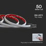 Nærbillede af V-TAC LED strip lys på en rulle, der angiver 50 meter længde, 286 LED'er per meter og 8mm bredde.