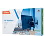 Fronten af Vogels TVM 3645 Comfort Full-Motion+ TV-vægbeslagets emballage, der viser et monteret TV og produktinformation.