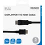 Emballagen til Deltaco DisplayPort til HDMI-kabel viser begge stik samt understøttelse af 4K ved 30 Hz.