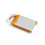 Bagsiden af Videx genopladeligt Li-pol-batteri på 2000 mAh ses med en blank sølvfarvet flade og orange folie.