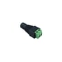 Sort DC-adapter med grøn skrueterminal, vist som tilslutning til V-TAC-strømforsyningens ledning.