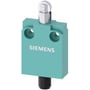 Siemens positionsafbryder 3SE5423-0CD20-1EB1 med M12 stik, 40mm bred, turkisgrøn plastikhus med rullestempel og synligt Siemens logo.