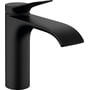 Hansgrohe Vivenis håndvaskarmatur i mat sort med et 1-grebsbetjening og 146 mm fremspring på en hvid baggrund.