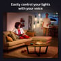 Philips Hue G125-filamentpærer lyser i en stue, mens beboerne bruger stemmestyring til at betjene belysningen.