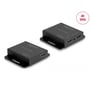 DeLock HDMI-extendersættets sender og modtager set fra HDMI-siden; senderens to HDMI-porte viser loop-udgangen.