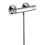 Hansgrohe Axor Montreux termostatarmatur til brus i krom, med 2-grebs betjening og tilsluttet brussslange på hvid baggrund.