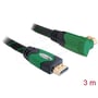 DeLock High Speed HDMI-kabel med Ethernet på 3 meter, vist med sort flettet kabel og grønne stik, hvor det ene HDMI-stik er vinklet.