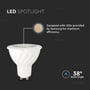 Detaljeret illustration af V-TAC 6W GU10 LED spotlys, der viser Samsung LED'er og 38 graders spredningsvinkel.