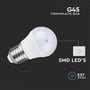 V-TAC G45 pære med E27 fatning, fremhæver SMD LED'er og holder-design på mørk baggrund.