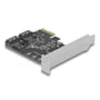 DeLock SATA-kort med to porte og PCI Express x1-tilslutning set skråt forfra med beslag monteret.