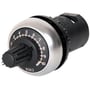 Eaton potentiometer med 2.2 Kohm modstandsværdi og 22,5 mm monteringsdiameter, vist med sort drejeknap og skala fra 0-10.