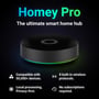 Homey Pro smart home hub med teksten 'The ultimate smart home hub' og oplysninger om kompatibilitet og lokal behandling.