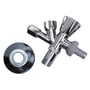 Dobbelt stopventil 1/2" x 3/8" x 3/4" set fra en anden vinkel med den medfølgende roset ved siden af.