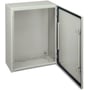 Schneider Electric CRN metal vægskab, 600x400x200mm, RAL7035, med en åben låge der viser det tomme indre og monteringsdetaljer.