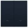 Nærbillede af to Niko smart motorbetjening tangenter i mørkeblå eller dyb antracit, med op- og ned-ikoner, vist på en ensfarvet mørk baggrund.