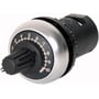 Eaton M22 potentiometer med 1k Ohm modstand, frontmonteret med sort drejeknap og tydelig skala fra 0 til 10.