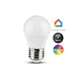 En V-TAC E27 Wifi LED-pære med hvid kuppel og symboler for Google Home, Wi-Fi og RGB-lys.