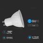 V-TAC GU10 LED-pære set fra siden med GU10-fatning samt symboler for dæmpning og 110° spredning.