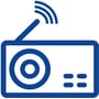 Blå ikon af en radio med en antenne, der symboliserer batteriets anvendelse i trådløse enheder.