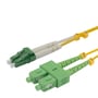 Stikenderne på det gule OS2-fiberkabel set tæt på med grønne LC- og SC-duplexstik.