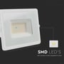 V-TAC 30 W LED-projektør med hvidt hus set forfra; en grafik fremhæver LED-komponenten bag frontglasset.