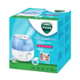 Vicks Mini Cool Mist luftfugter i original emballage, viser produktets funktioner og design på en blå baggrund.