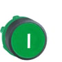 Schneider Electric Harmony Style 5 trykknap, grøn med hvid 'I' mærkning og 22mm diameter. Plastik front på hvid baggrund.