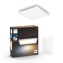 Philips Hue Aurelle lyspanel, 30 cm, hvid, firkantet, vist med pakning og Hue Dimmer switch.