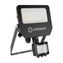 Sort Ledvance Floodlight Compact-projektør med bevægelsessensor, set skråt forfra med sensor under lampen.