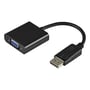 Deltaco DisplayPort til VGA-adapter i sort, set skråt med DisplayPort-stik, kabel og VGA-port synlige.