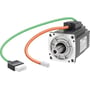 Siemens SIMOTICS S-1FL6 servomotor set fra fronten, med fokus på aksel og monteringsflange samt tilsluttede kabler.