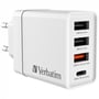 Sidebillede af Verbatim CHR-30EU2 USB oplader, tydeligt mærket med "30W" og viser de fire forskellige opladningsporte.