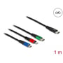 Oversigtsbillede af Delock 3-i-1 ladekabel, 1 meter, sort, med tydelig visning af de farvekodede stik og USB-C han-stikket.