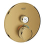 Grohe Grohtherm SmartControl termostat i børstet messing med rund form og 158mm diameter, viser trykknap til vandudledning og temperaturjustering.