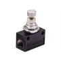 Norgren T1100C1800 drøvleventil i sort aluminium med 1/8" gevind og justeringsknap.