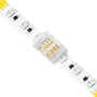 Slim RGB-samler til 10 mm LED-strip monteret mellem to stripender med de indvendige kontakter synlige.
