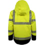 Lyngsøe Rainwear vinterjakke i hi-vis gul og sort set bagfra med hætte og brede refleksstriber på ryg og ærmer.