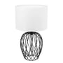 EGLO Nimlet bordlampe i sort stål med en hvid stofskærm og et åbent, trådnet stativ, 300 mm i diameter.