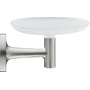 Duravit Starck T sæbeskål i børstet rustfrit stål med hvid skål, måler 140 x 119 x 66 mm.