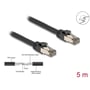 Et sort Delock RJ45 Cat.6A netværkskabel på 5 meter med afskærmede stik, inkluderer teknisk illustration af kabelkonstruktion og 5m mærkat.
