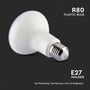V-TAC R80 plast LED-pære med E27 fatning, der fremhæver 'No Flickering', 'No Mercury' og 'No UV Radiation'.