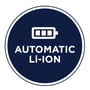 Rundt ikon der viser Vartas 'Automatic Li-Ion' detekteringsfunktion for batteriopladere, med et batteri symbol.