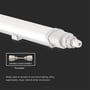 Nær visning af endestykket på V-TAC LED-armatur med en separat illustration af den medfølgende kobling til sammenkobling.