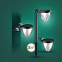 SpectrumLED Solara Brilo solcelle-LED-lampe vist med jordspyd, vægbeslag og uden montering som bordlampe.