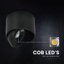 Sort V-TAC 12 W LED-påbygningsspot med markering af COB-lyskilden og dens farvegengivelse.